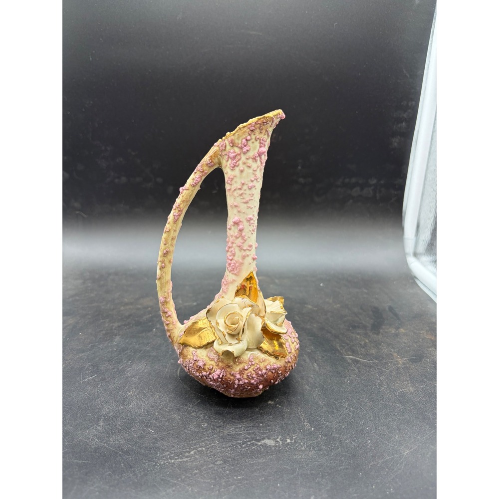 Vintage Pink Texturedโ Lava Ceramic Bud Vase Gold Gilt Rose Porcelain 6 Inch
